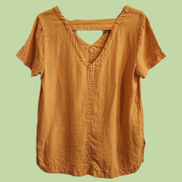 C&C California linen yellow orange short sleeve v-neck strappy tee blouse small - Picture 2 of 10